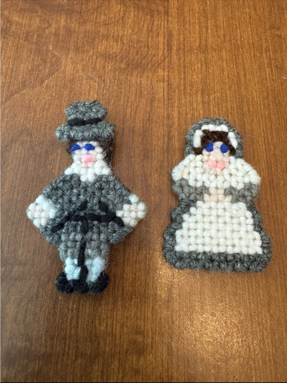 Handmade Gray and White pilgrim couple magnet set 2 Pieces needlepoint